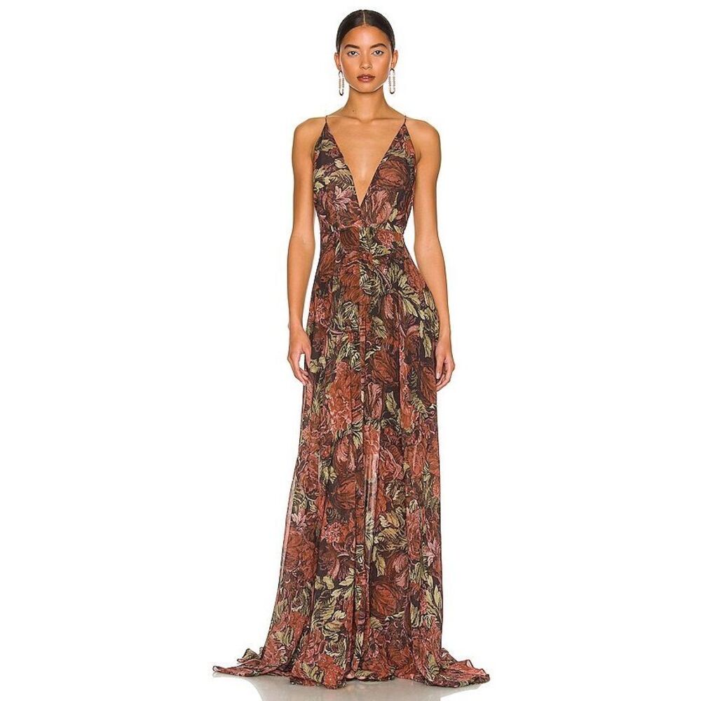 Ronny Kobo Daniela Chiffon Sleeveless Gown in Red Black Floral XL